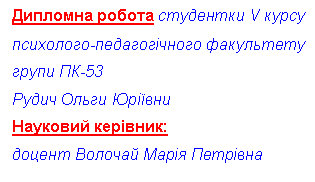 Подпись: Дипломна робота студентки V курсу
психолого-педагогічного факультету
групи ПК-53
Рудич Ольги Юріївни
Науковий керівник:
доцент Волочай Марія Петрівна